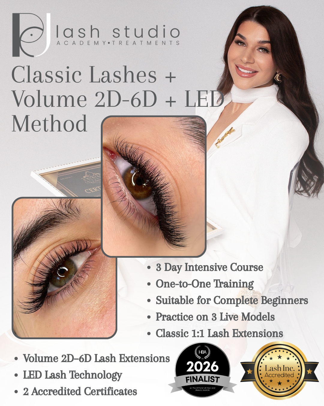 Classic Lashes + Volume 2D-6D 3 Day Face to Face Course + LED Method